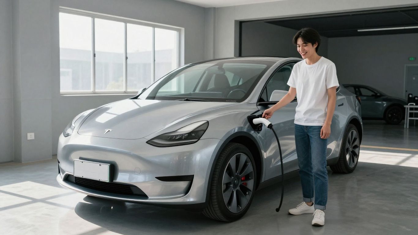 New Tesla owner happily prepares to charge their electric car.