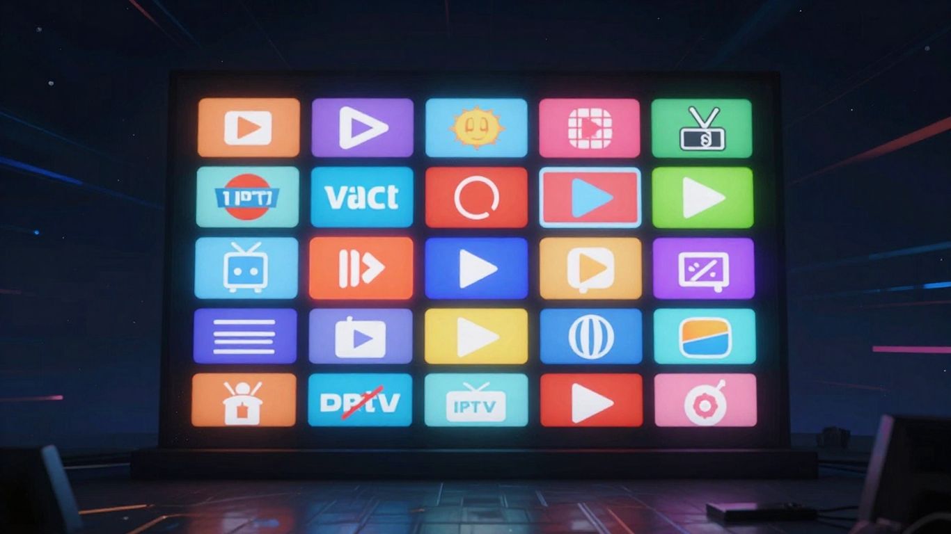 Digital screen with colorful IPTV channel icons and light streams.