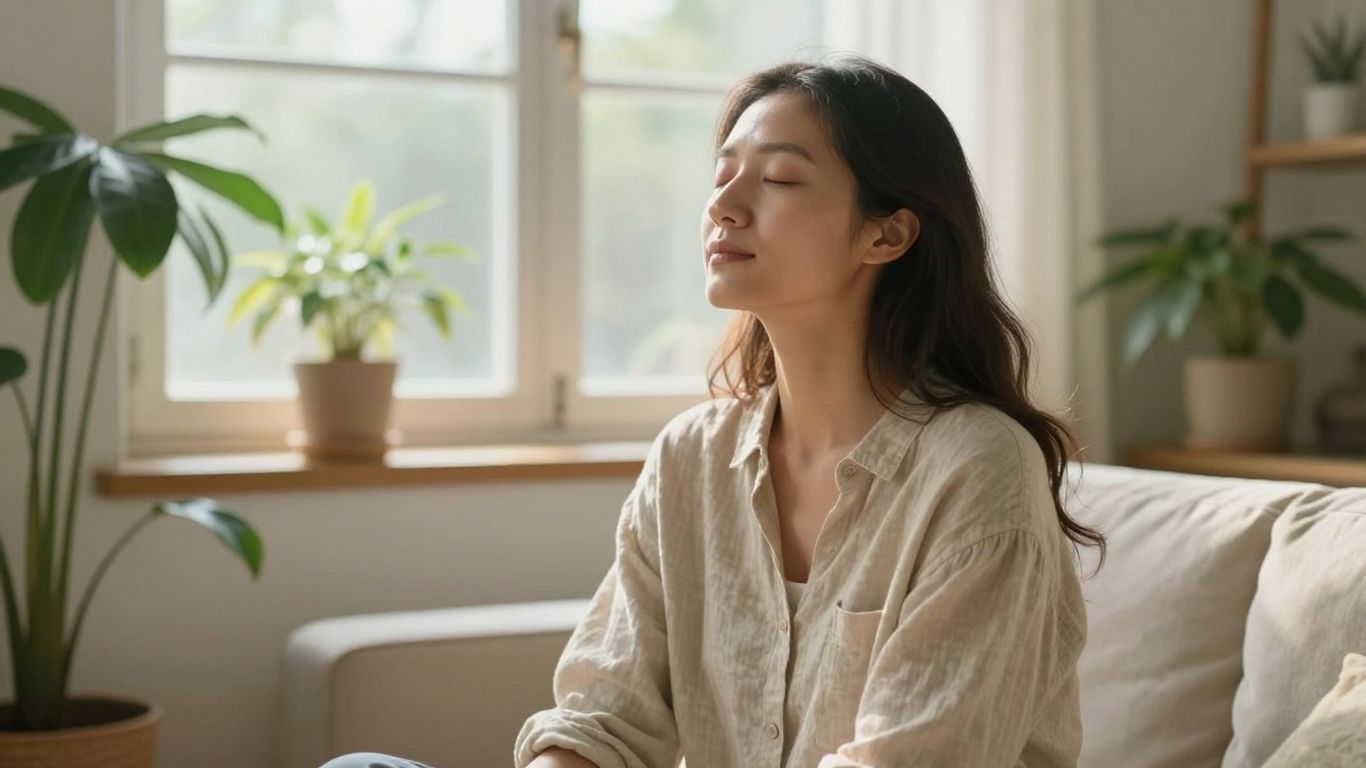 Woman practicing breathing beside a sunlit window