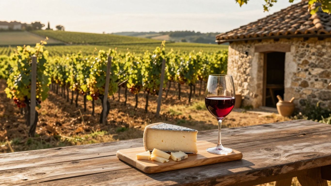French vineyard with wine and cheese.