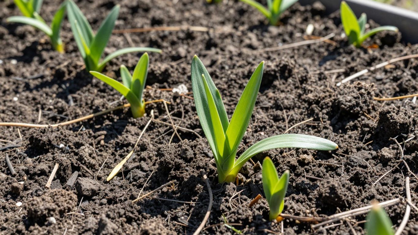 Frühlingserwachen im Garten: Grüne Triebe sprießen aus Erde.