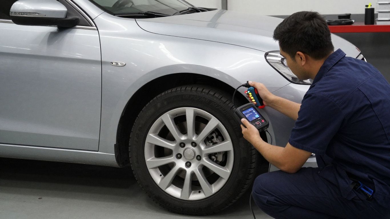 Technician scanning vehicle near Mercedes dashboard