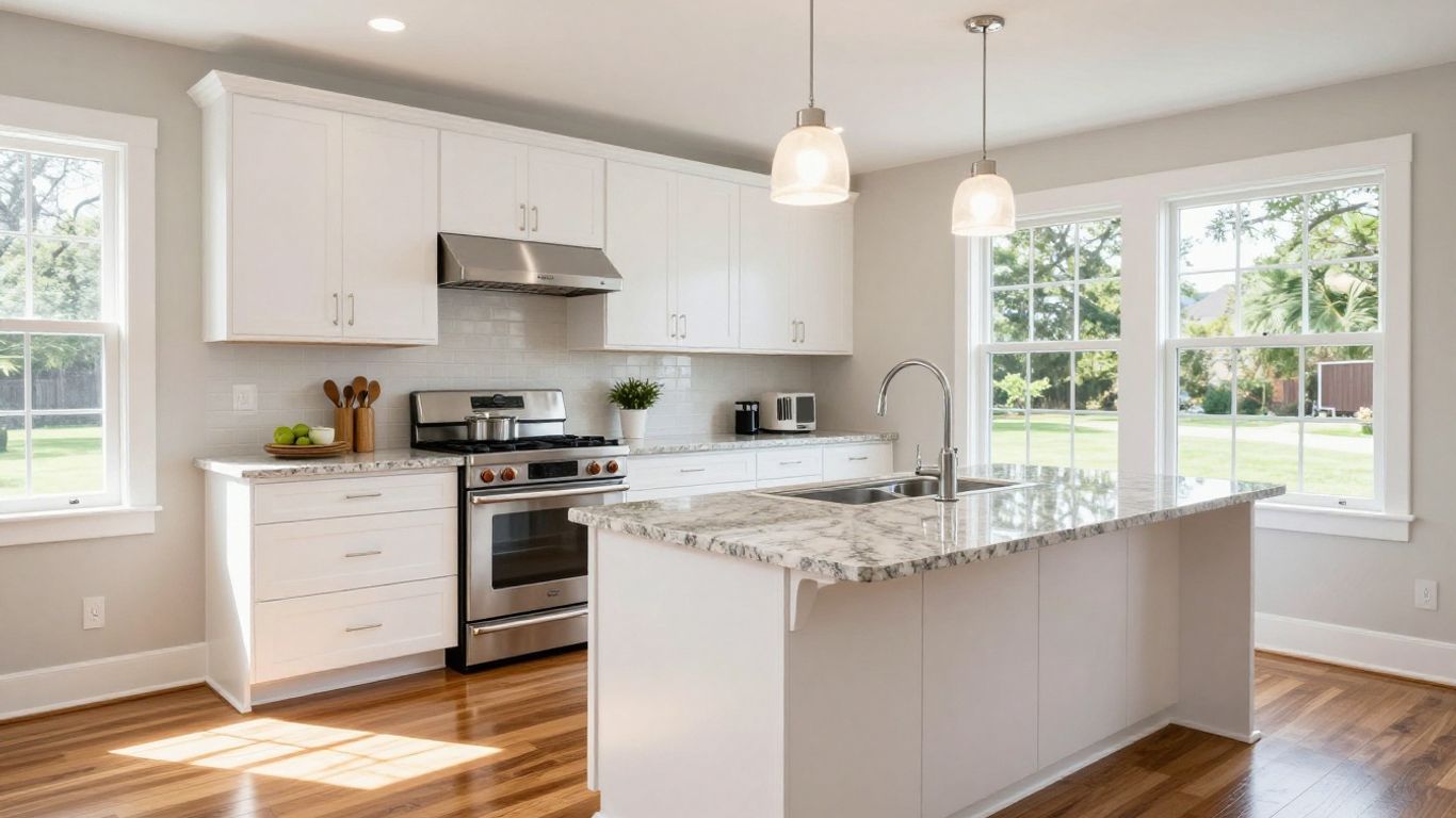 Modern Dacula, Georgia kitchen remodel with white cabinets and granite.