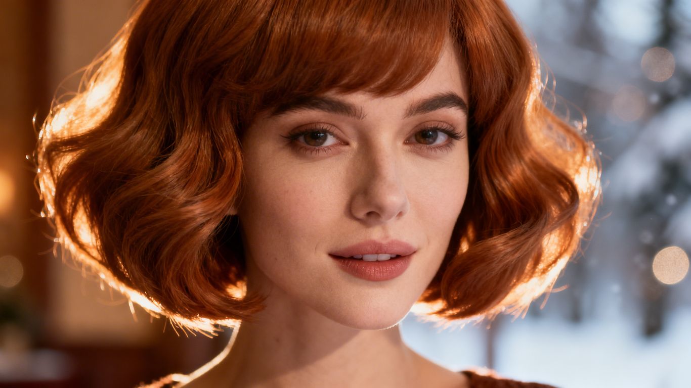 Woman with a stylish short wig in a winter setting.