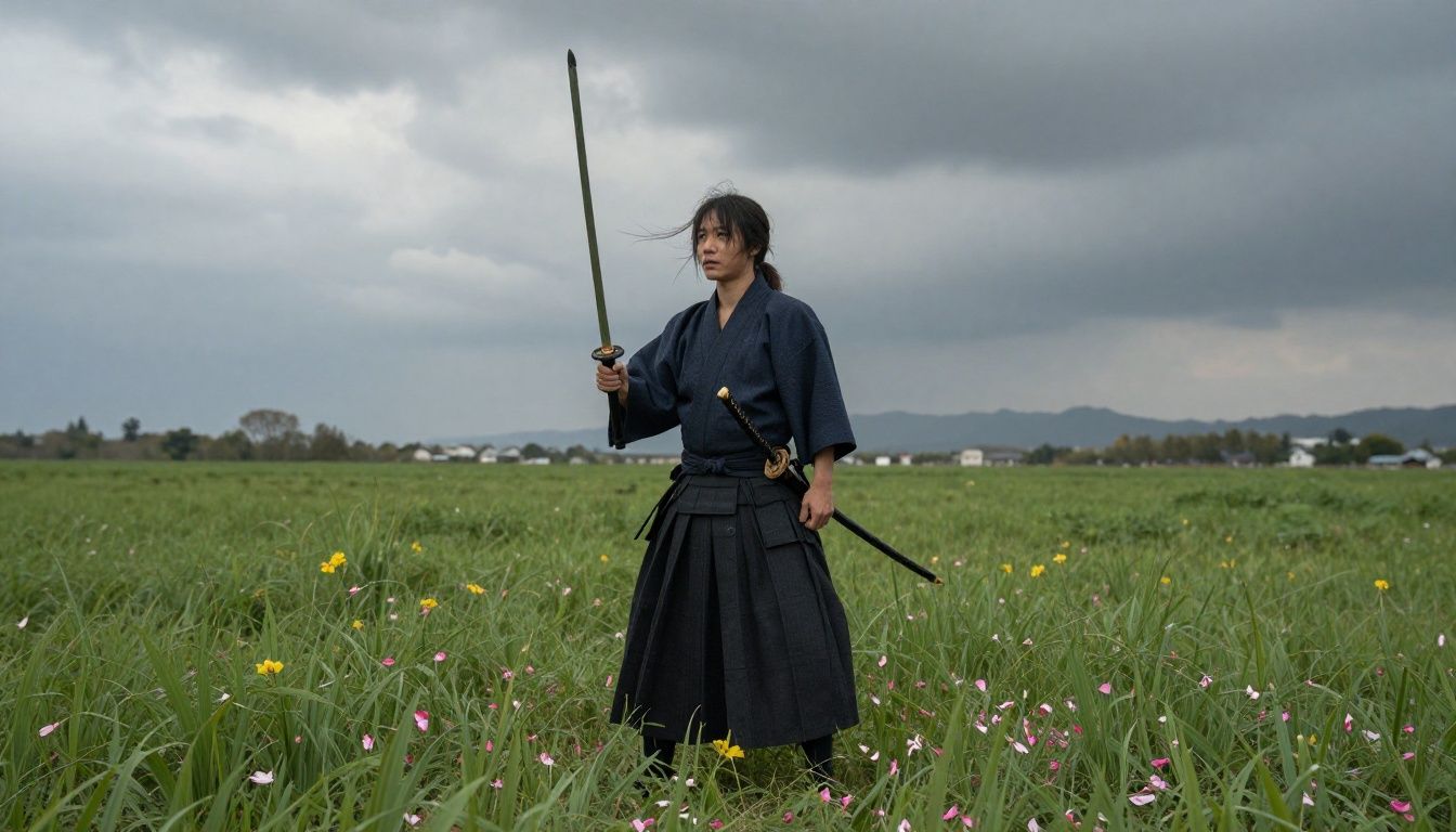 Um samurai com sua katana embainhada em um campo de grama balançando ao vento, com pétalas de cerejeira caindo ao redor sob um céu crepuscular.