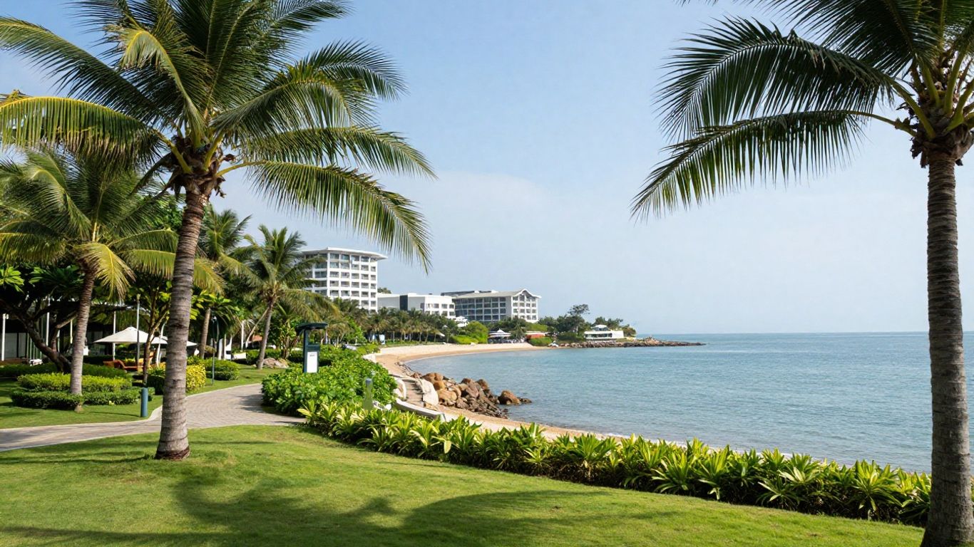 An aerial view of a scenic coastal resort area
