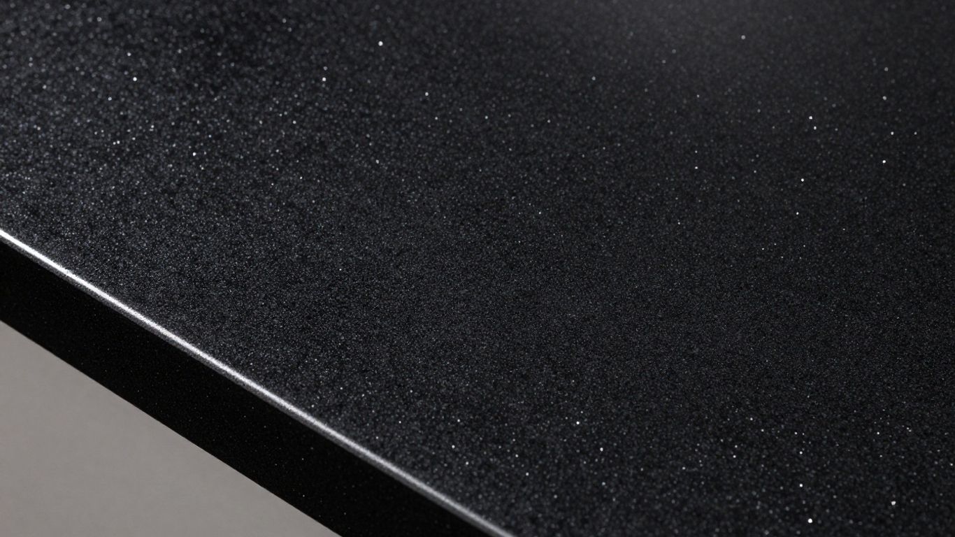 Black sparkle kitchen worktop with reflective particles.