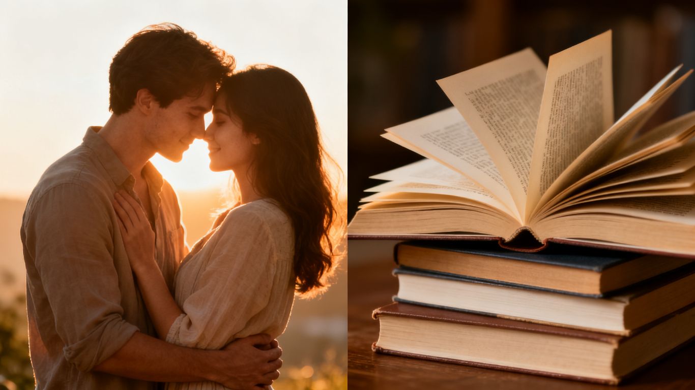 Couple embracing near open books, romance and self-help.