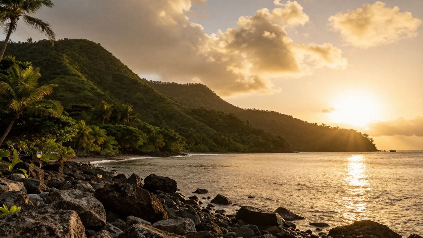 Vibrant sunset over colorful Caribbean island hillside and shoreline