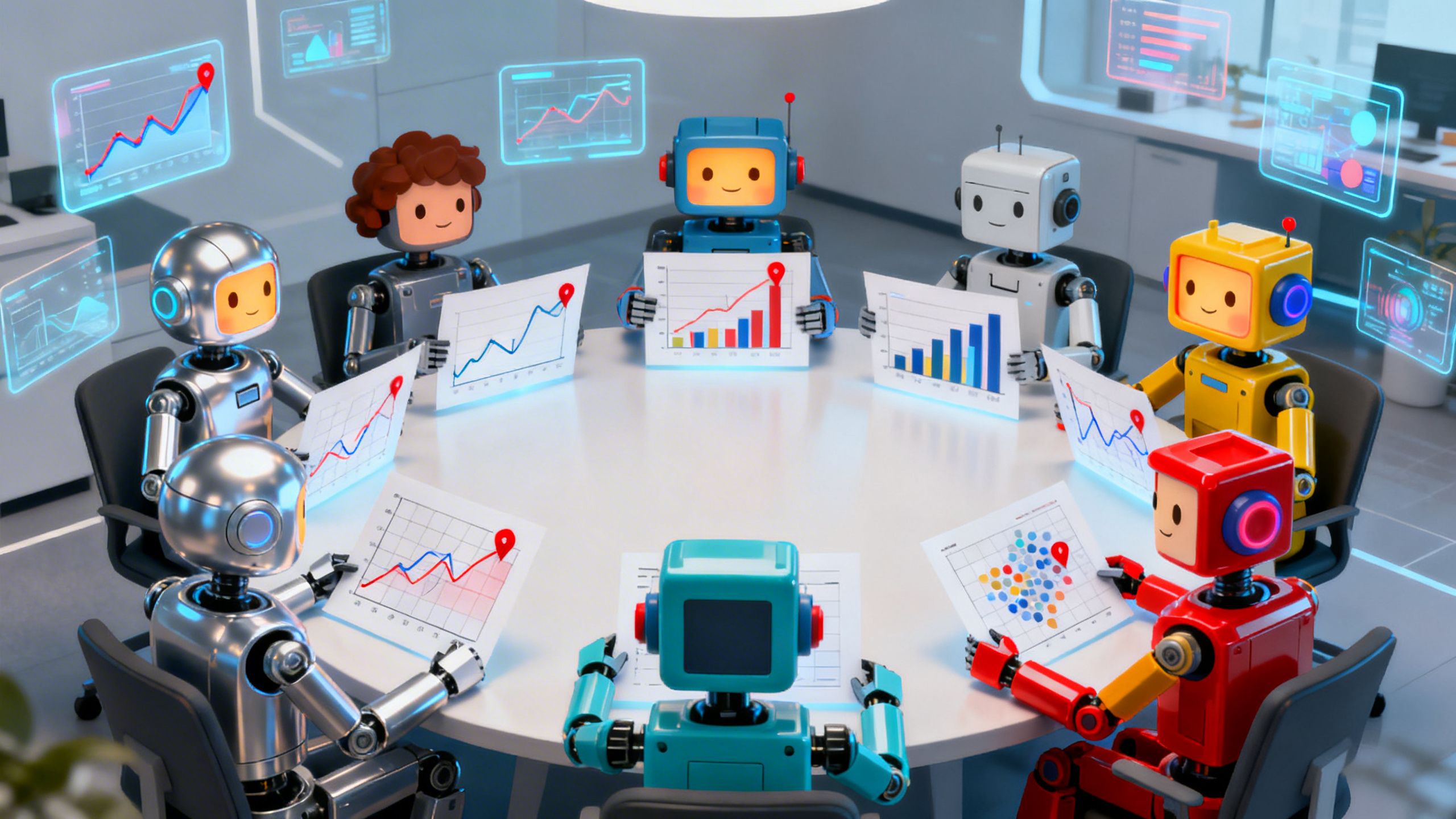 An illustration of a diverse team of friendly robots sitting around a table, each analyzing a different data chart, representing an AI ensemble model for anomaly detection.