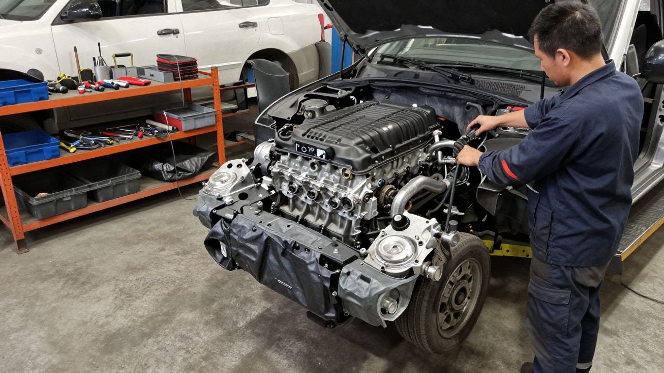Engine crane beside an open vehicle bay