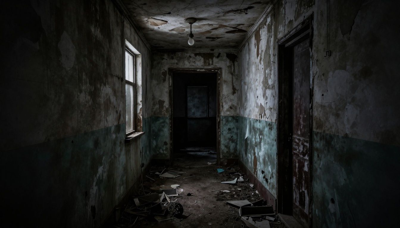 Vista claustrofóbica de um corredor escuro com luzes tremeluzindo em uma casa abandonada