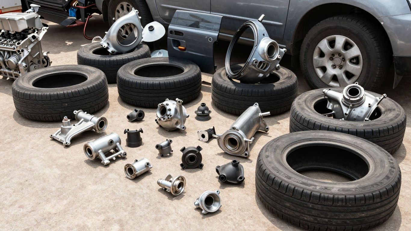 Mitsubishi car parts in a salvage yard