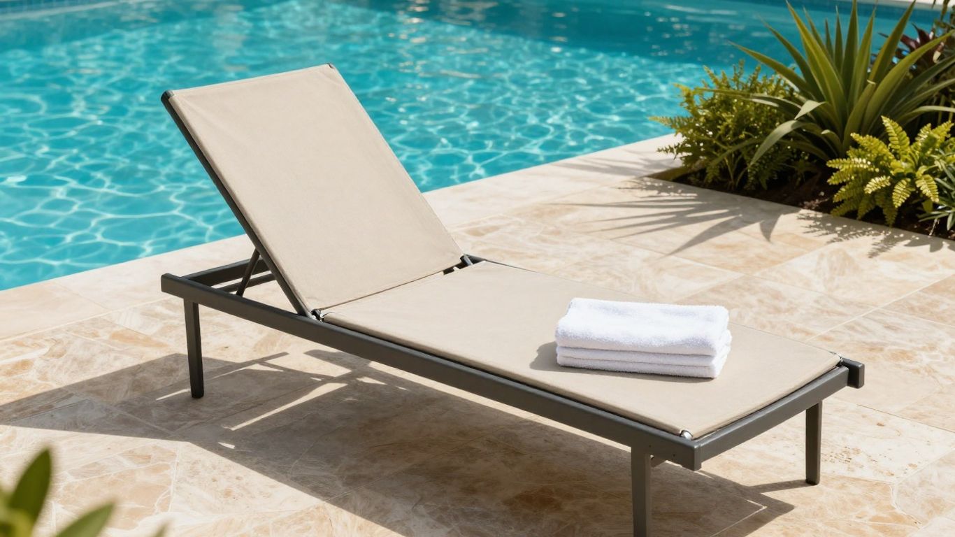 Adjustable pool lounger with a towel on a sunny deck