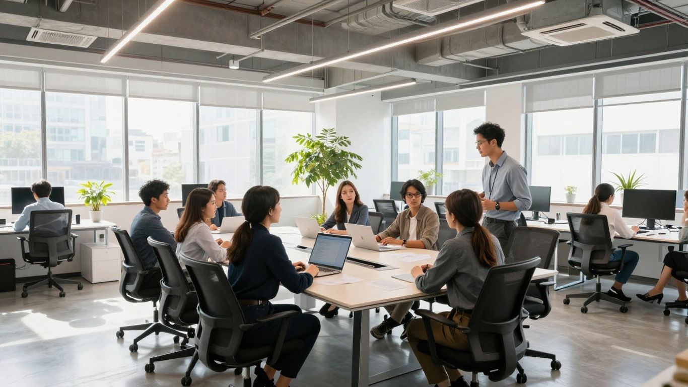 Oom marketing company office interior with collaborating team