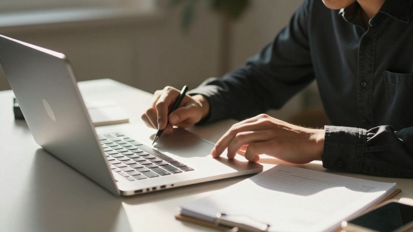 Person working intently at a desk with a calendar.