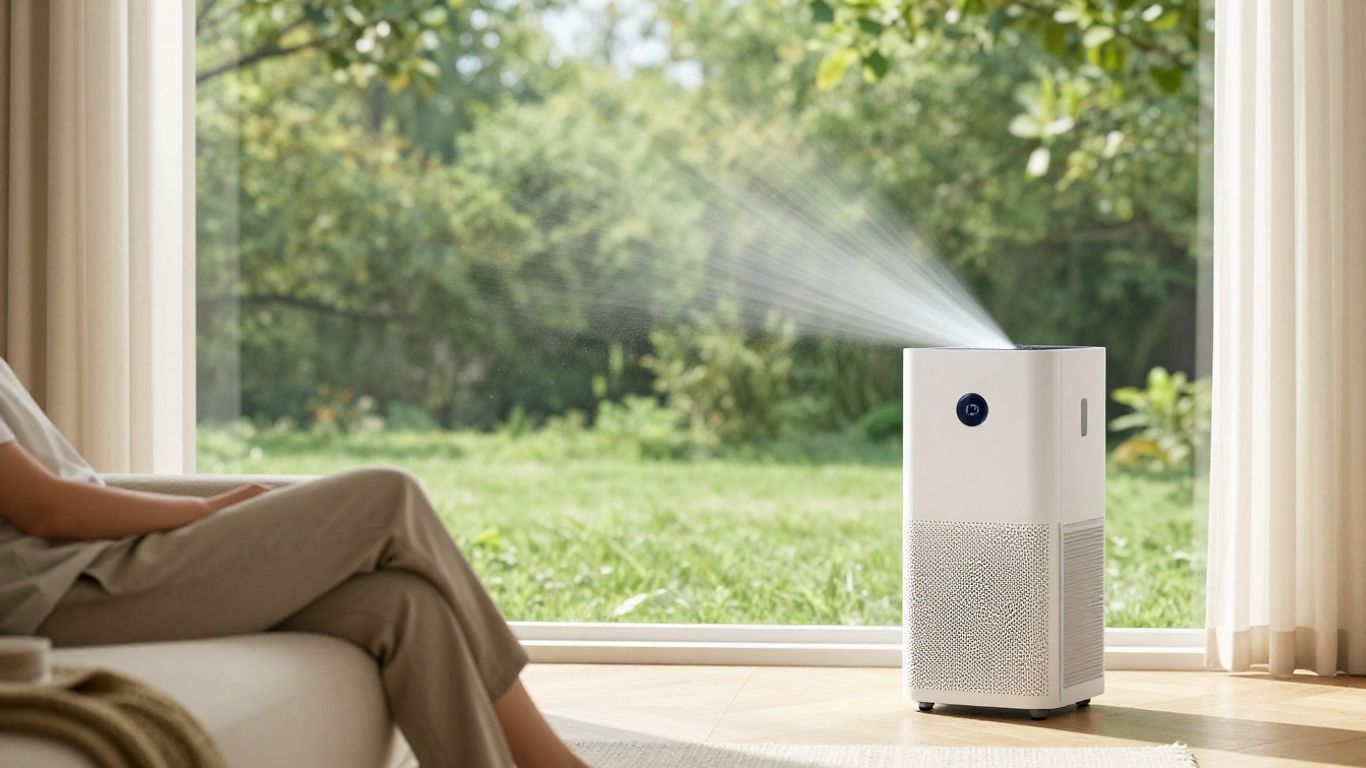 Person relaxing indoors with clean air, trees visible outside.