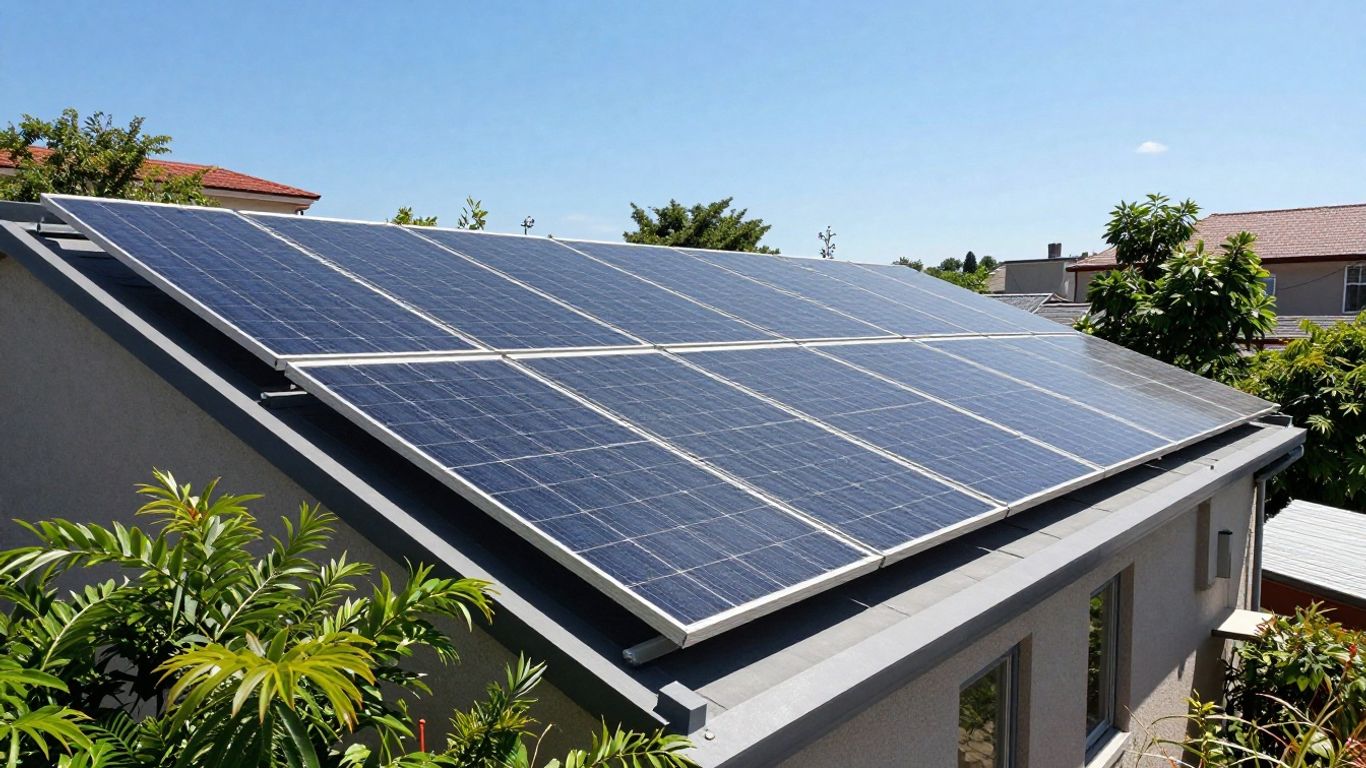 Panneaux solaires sur un toit sous un ciel bleu.