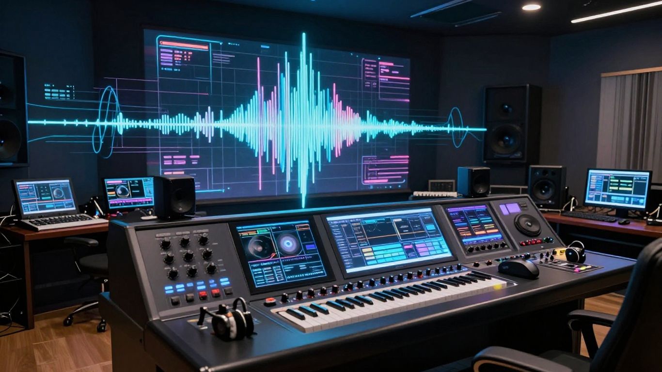 AI music creation studio with glowing interfaces and sound waves.