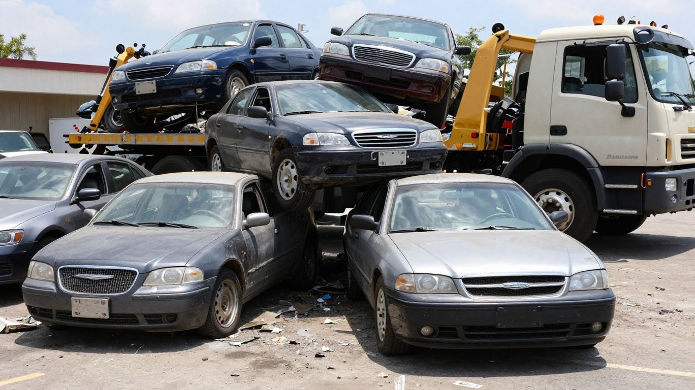 Crushed Chrysler car parts ready for recycling.