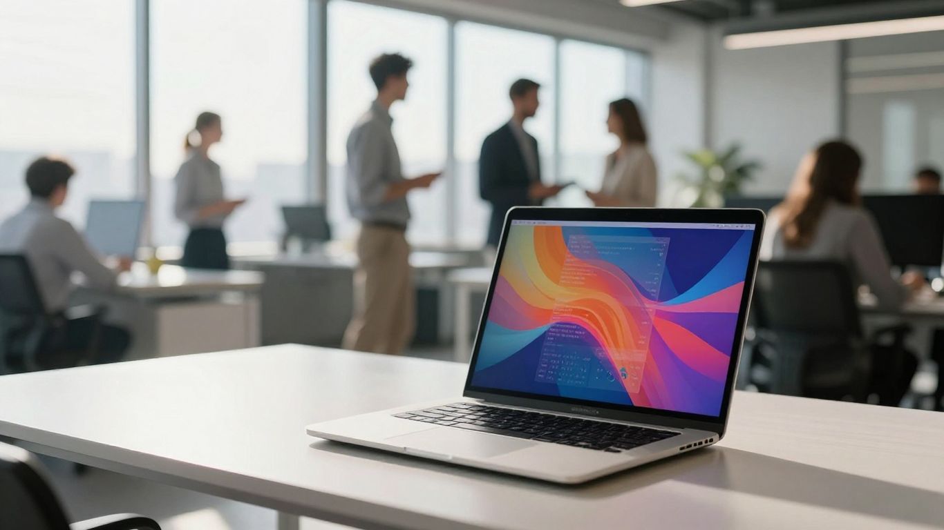 Oficina moderna con laptop y profesionales colaborando.