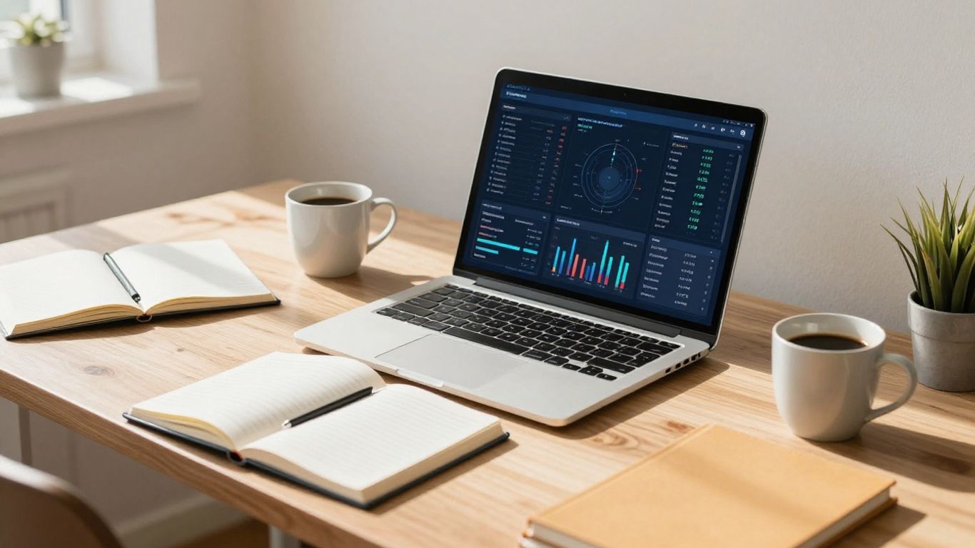 Digital marketing tools on a desk with sunlight.