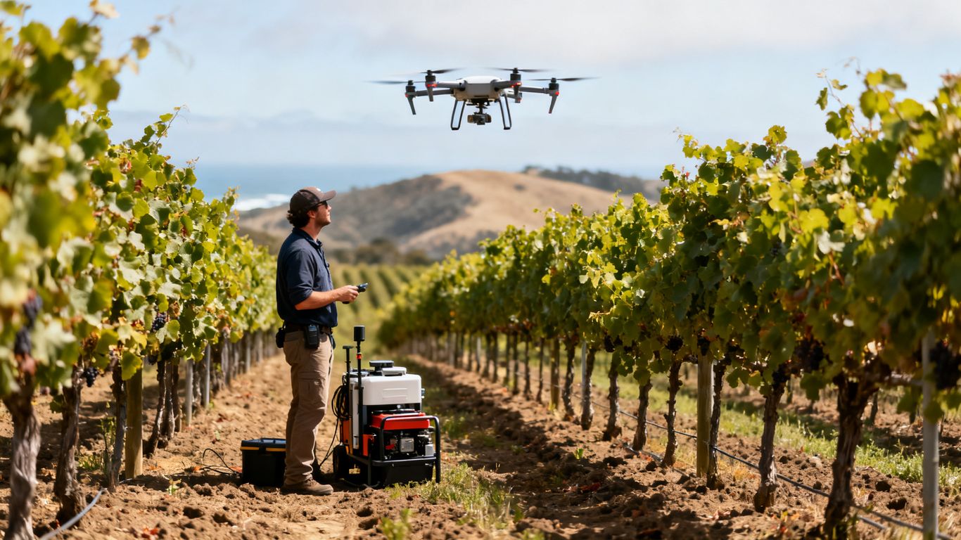 Drone operator planning a compliant vineyard survey