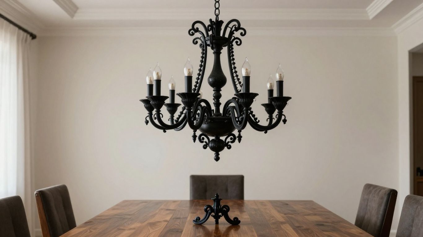 Large black chandelier in a modern dining room.