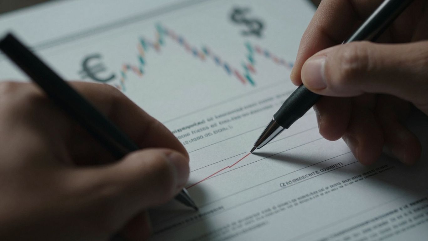 Forex trading plan with pen and currency symbols.