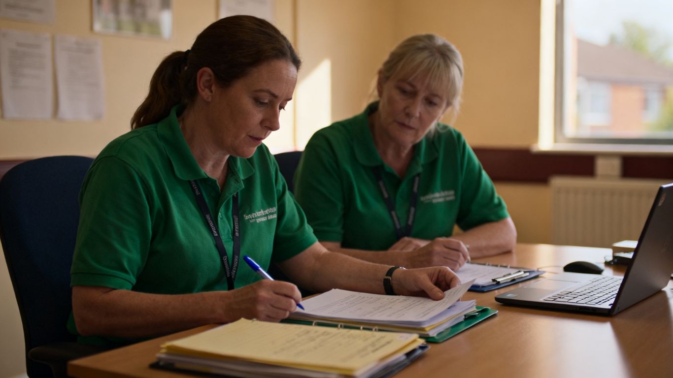Staff reviewing resident wellbeing notes during handover