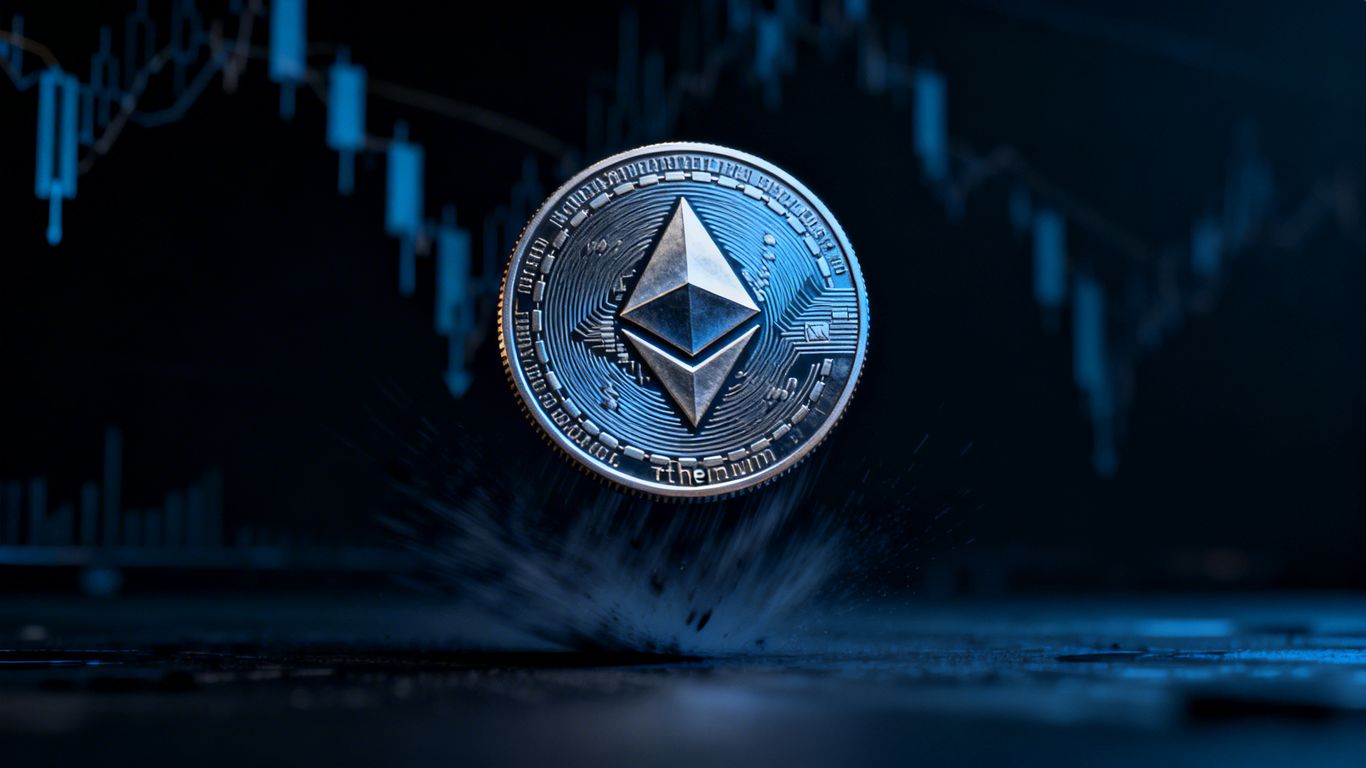 Ethereum coin falling in a market downturn.