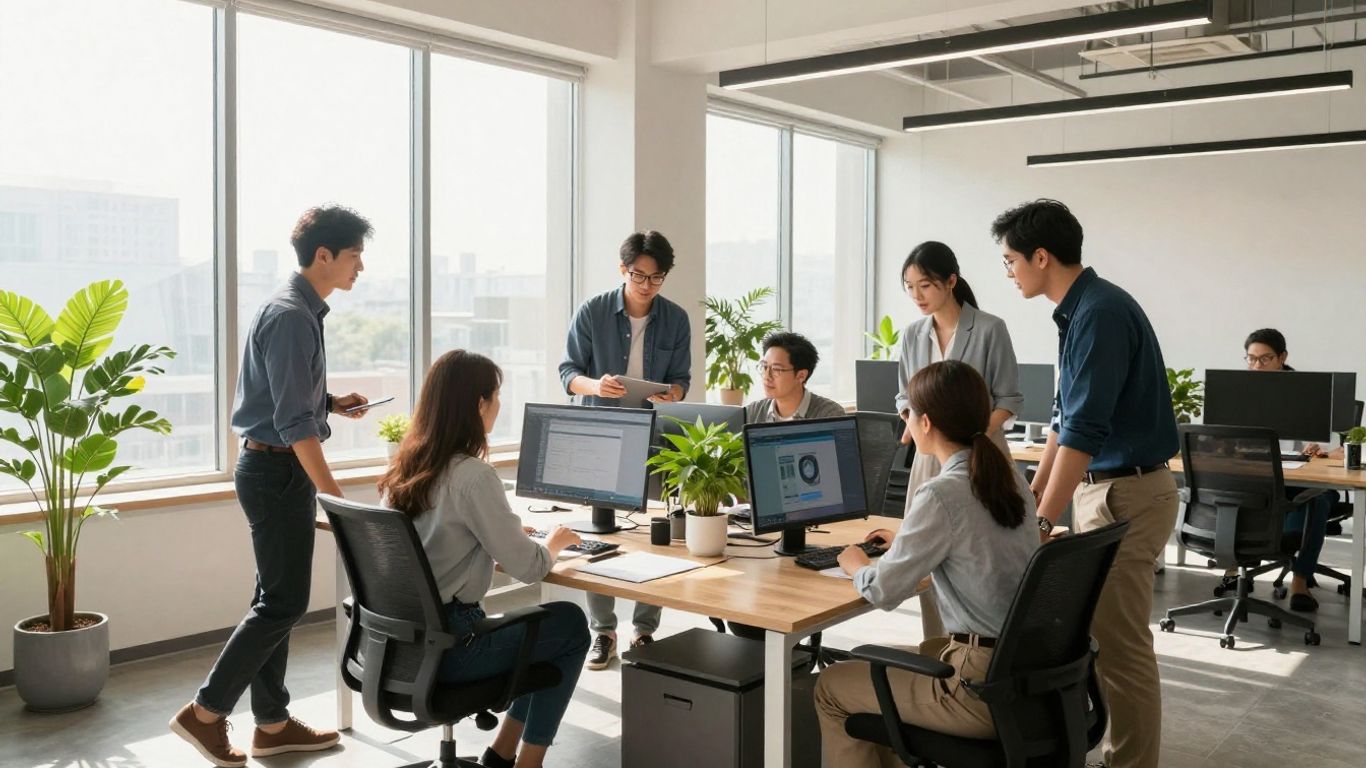 Modern office interior with team collaborating.