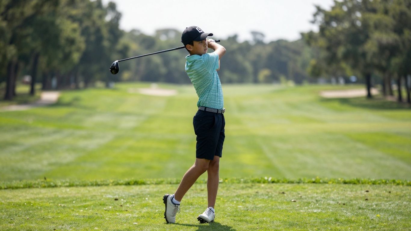 Young golfer swinging club on green course