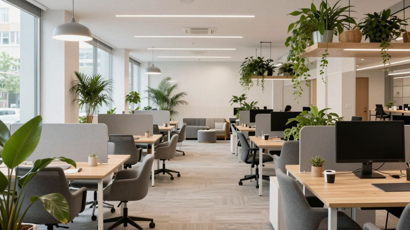 Moderne Bürolandschaft mit flexiblen Arbeitsplätzen und Pflanzen.