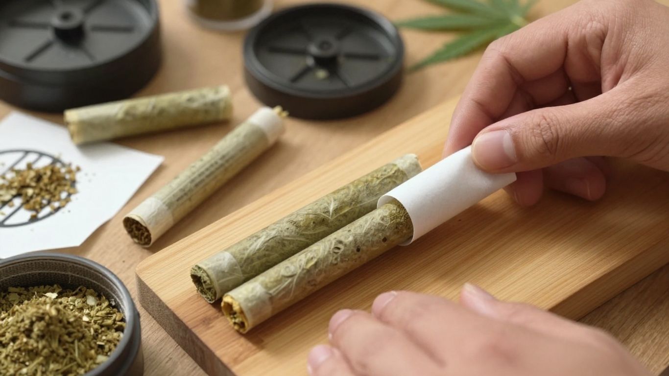Hands rolling a cannabis joint on wooden table.