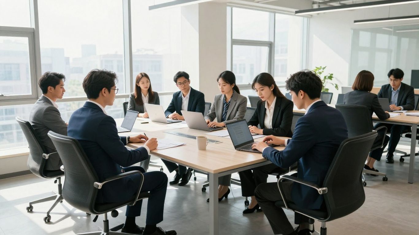 Business people in a modern office meeting.