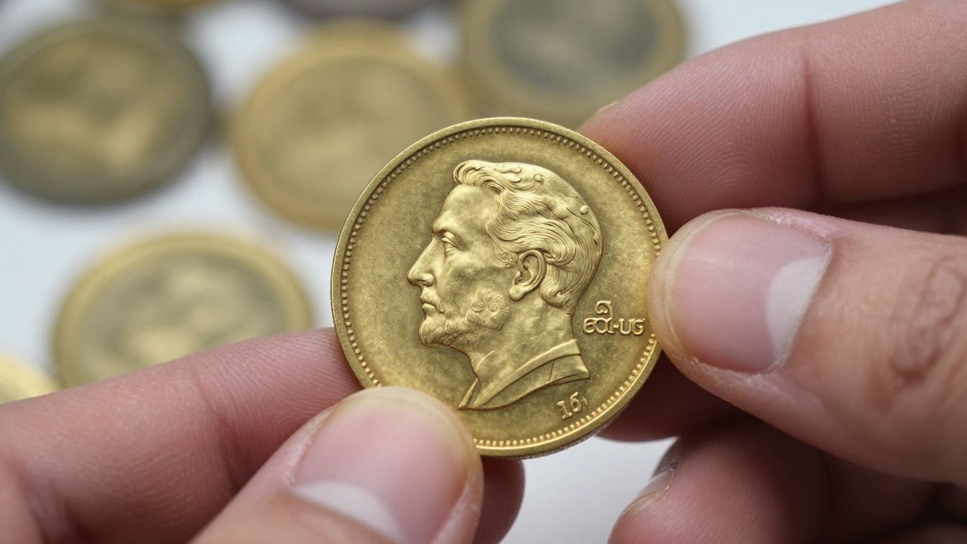 Numismatist examining a valuable gold coin.