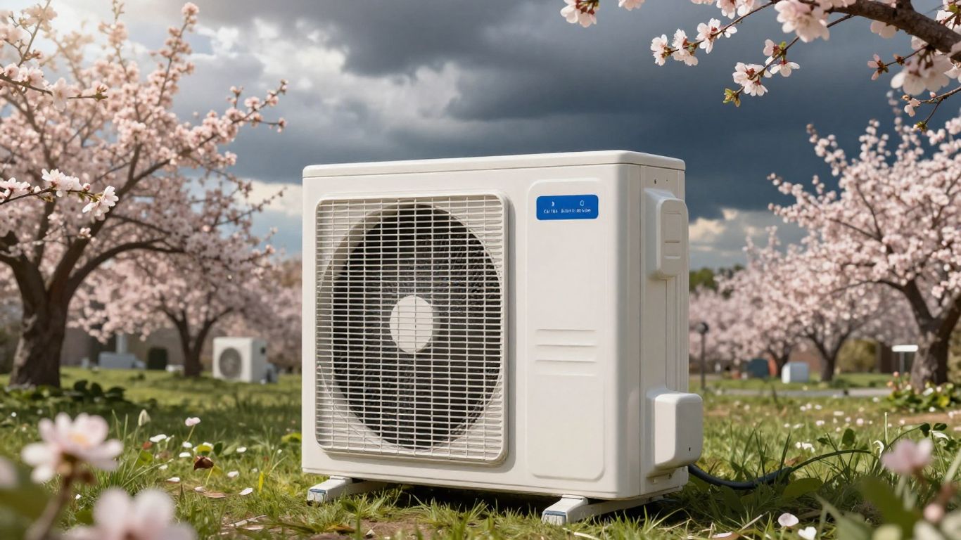 Air conditioner unit with spring flowers and stormy clouds.