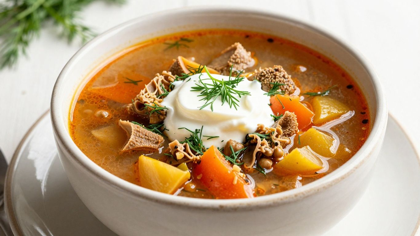 Bowl of Romanian tripe soup with dill and sour cream.