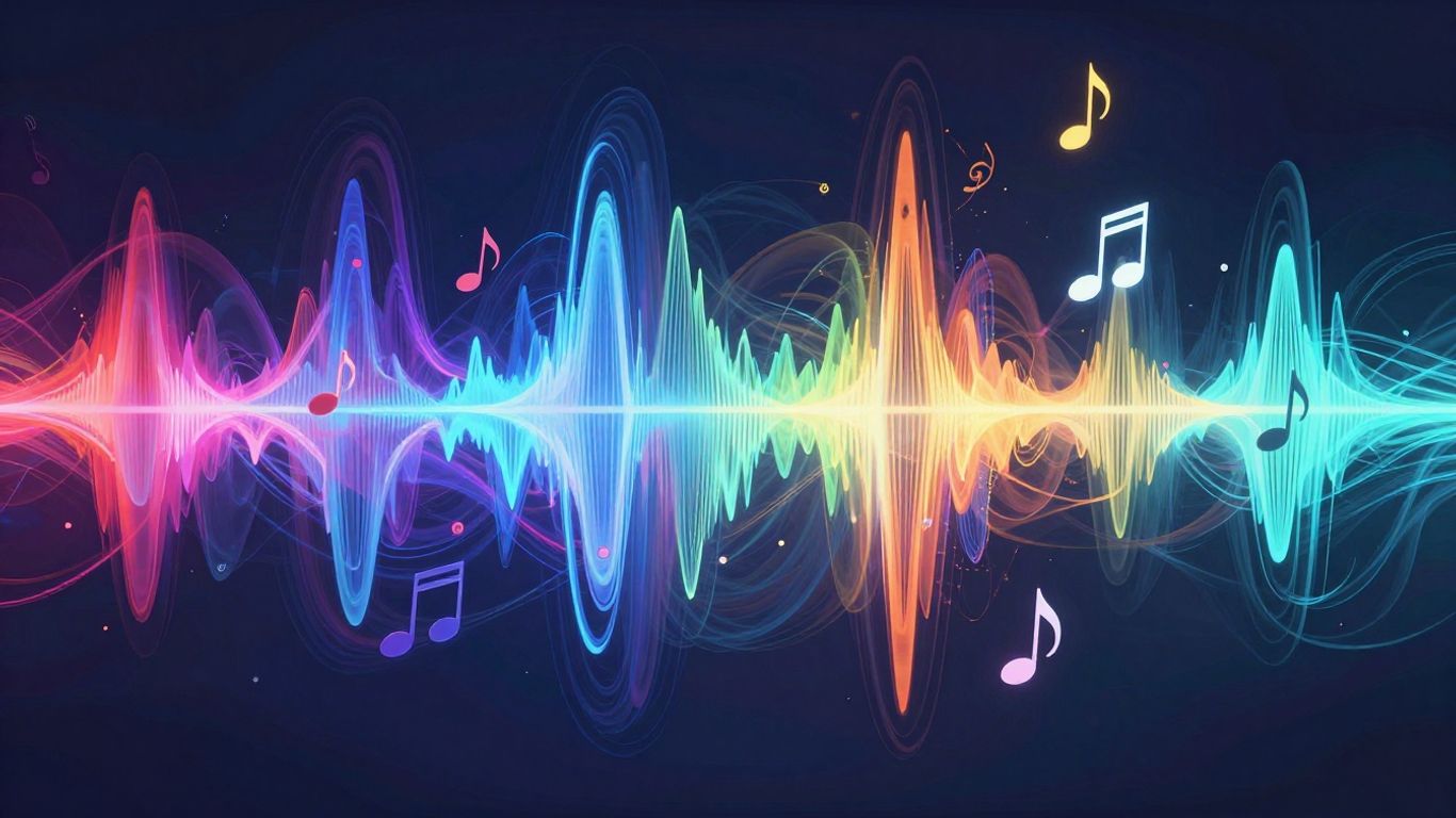 Abstract sound waves turning into musical notes.