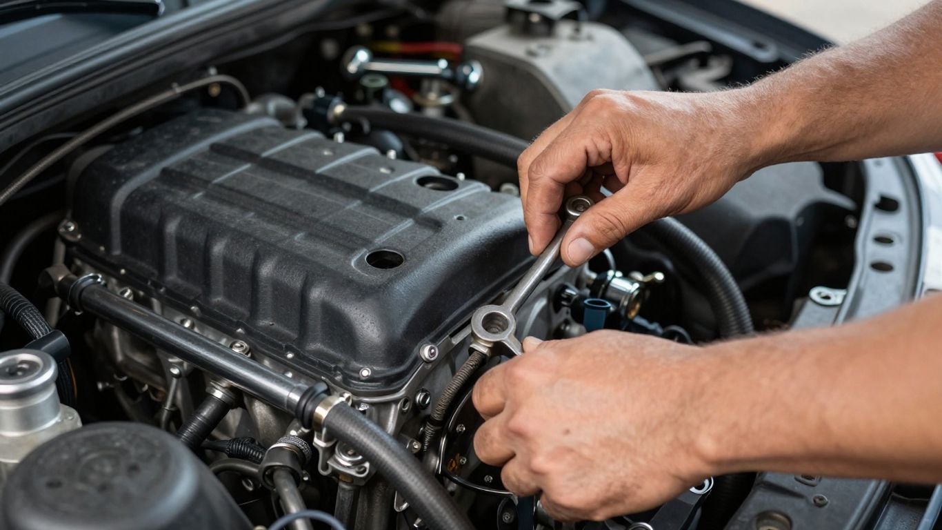 Mechaniker prüft Motorraum eines Gebrauchtwagens