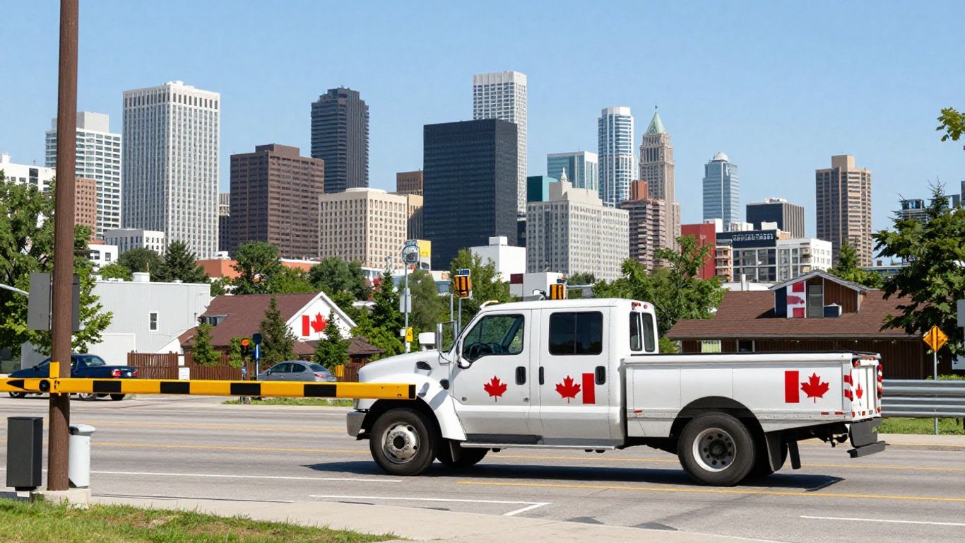 Moving truck crossing US-Canada border into a city.