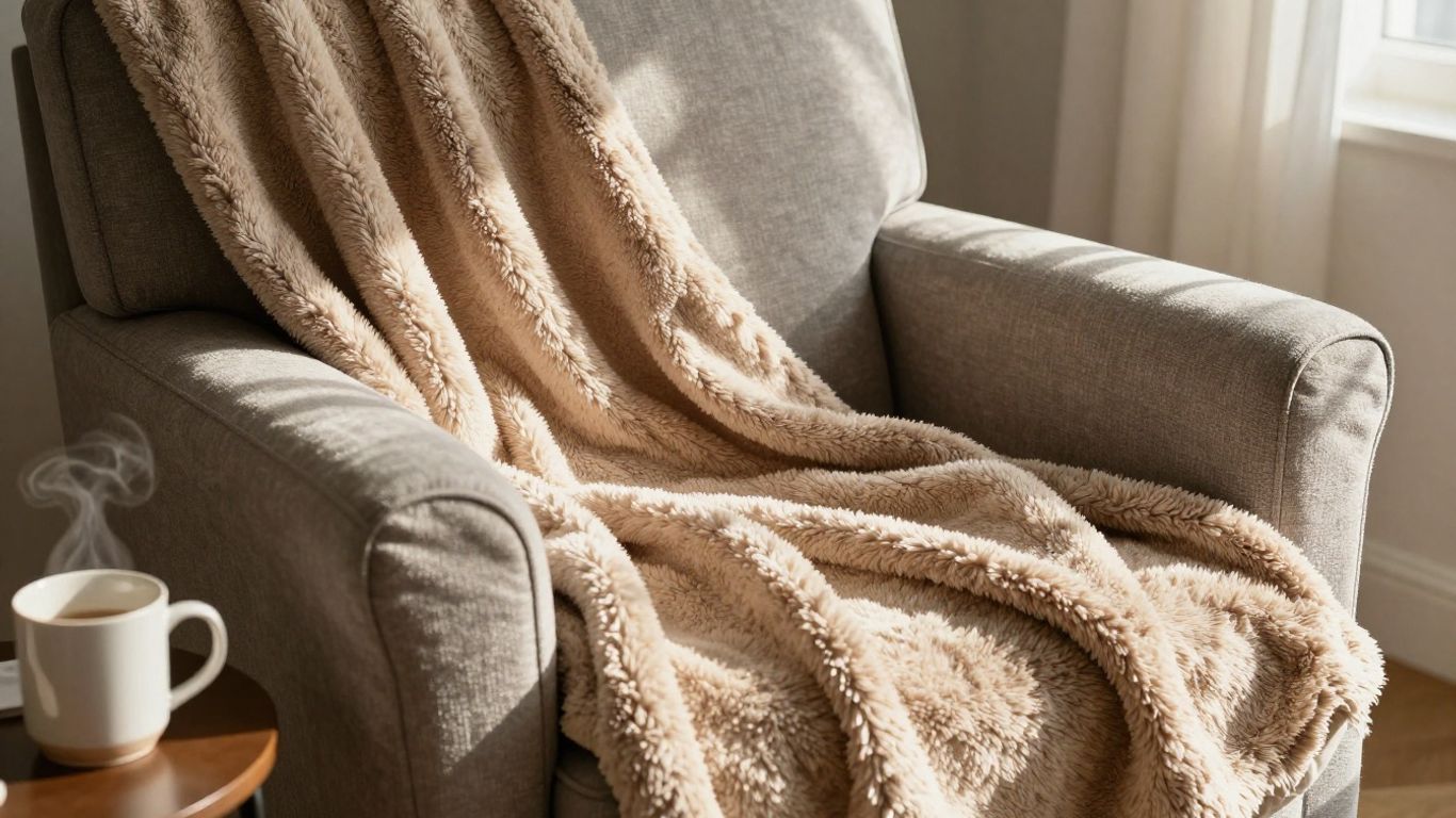 Cozy parachute throw blanket on armchair with sunlight.