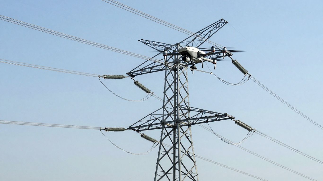 Drone inspecting high voltage power lines