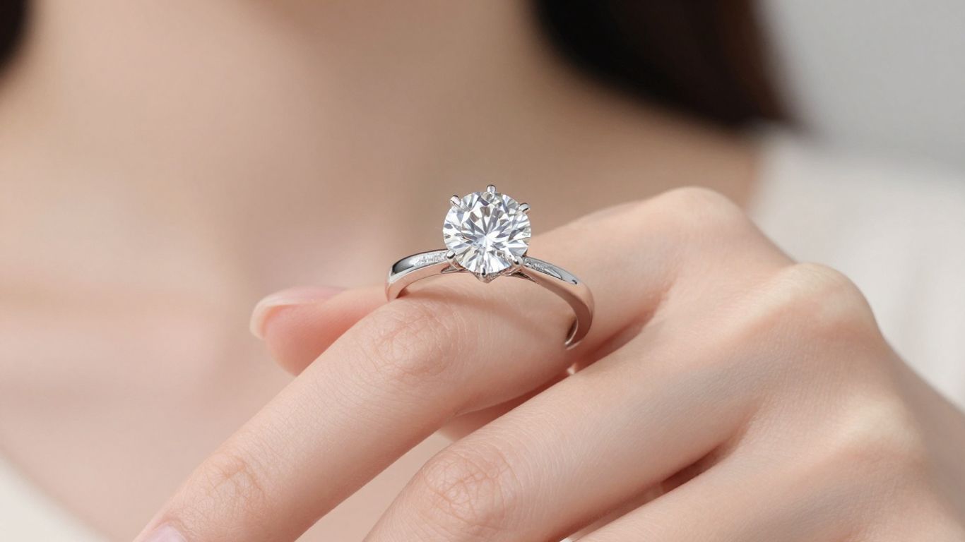 Sparkling solitaire diamond ring on a woman's finger.