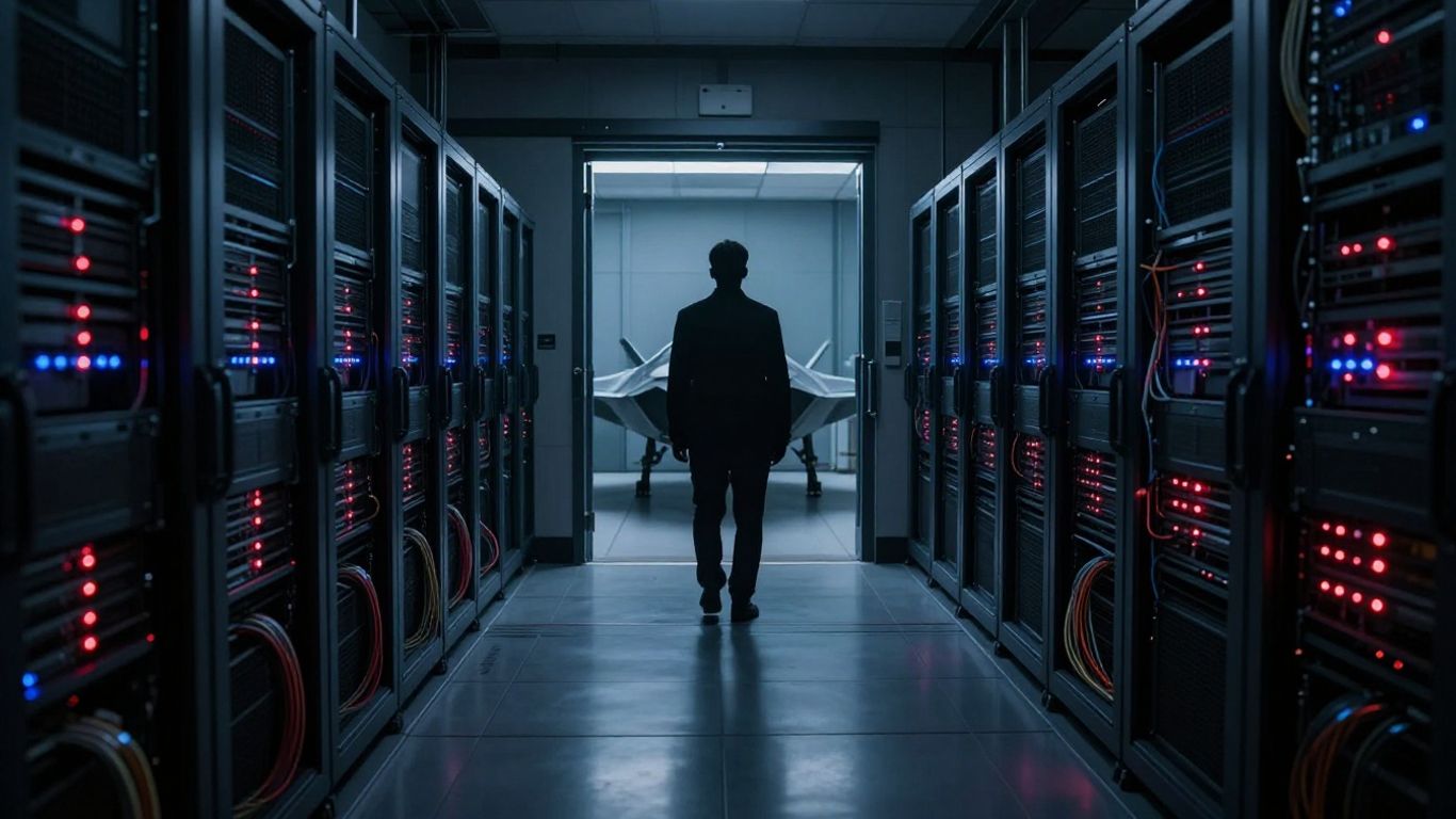 Stealth aircraft silhouette above secure server room