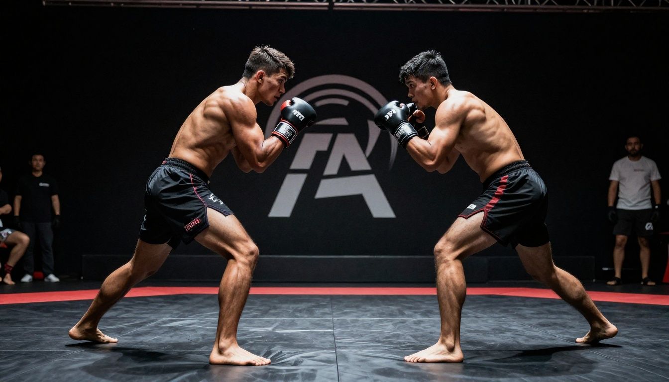 Cenario vibrante com lutadores em pose de combate