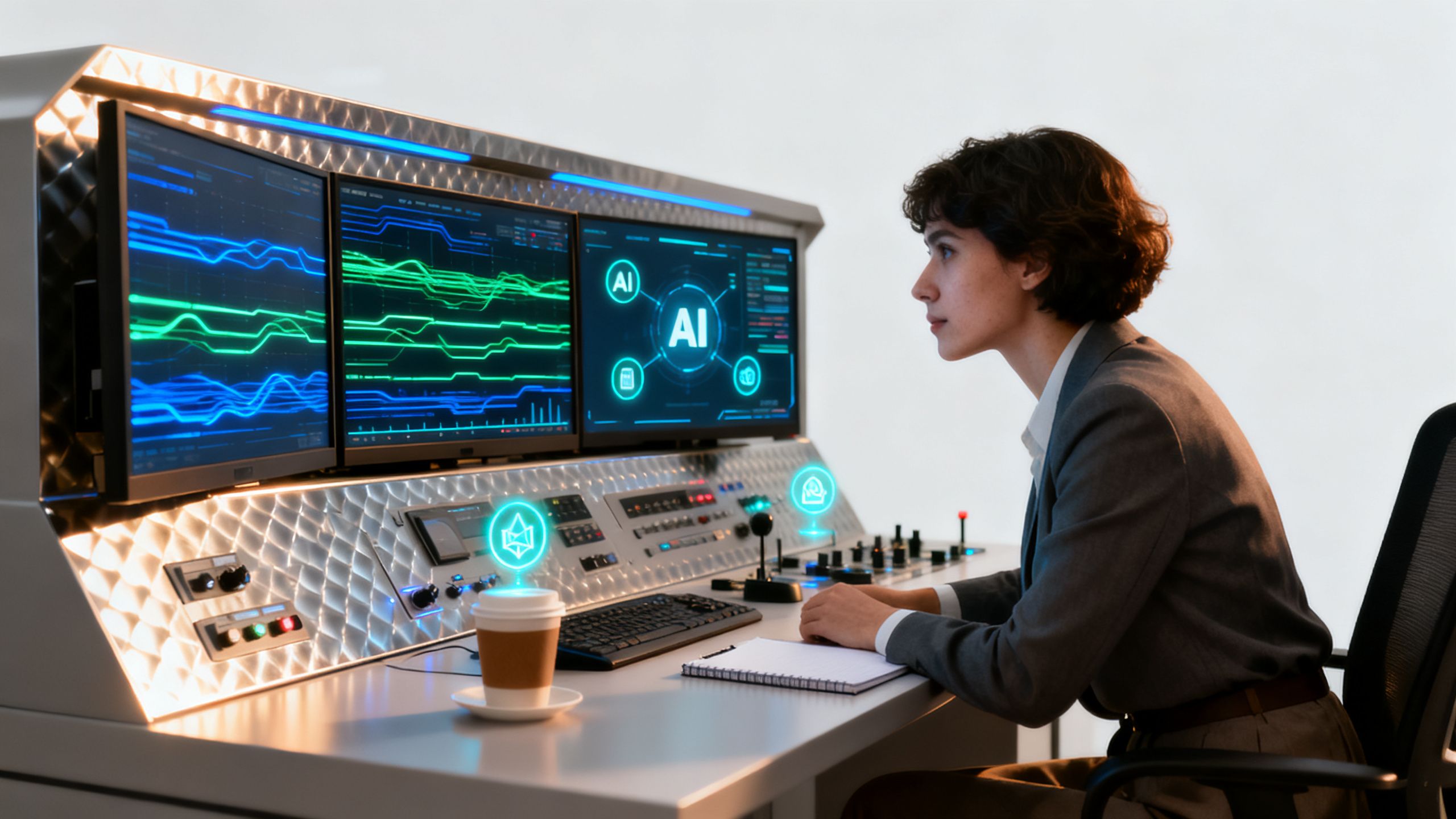 A person at a control panel with multiple monitors, carefully observing data streams and AI behavior, representing active AI management.