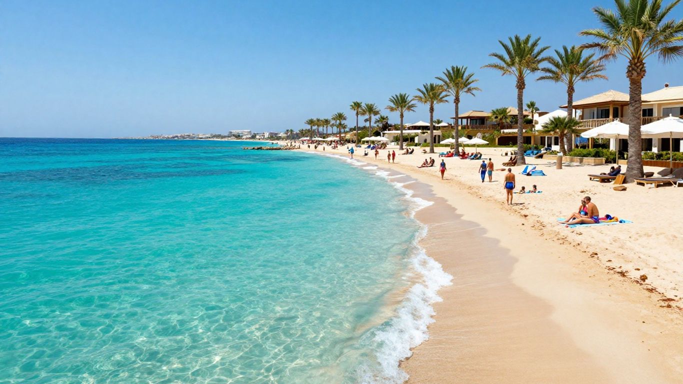 Cyprus beach with turquoise water and resort.