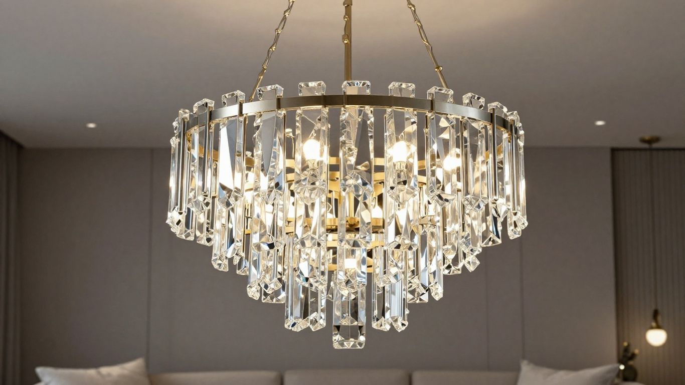 Modern chandelier illuminating a stylish living room space.